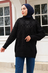 Baklava Desenli Triko Kazak Siyah