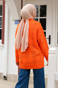 Baklava Desenli Triko Kazak Turuncu