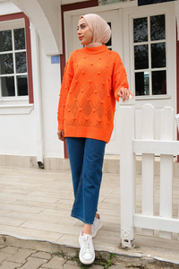 Baklava Desenli Triko Kazak Turuncu