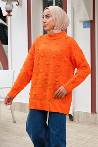 Baklava Desenli Triko Kazak Turuncu