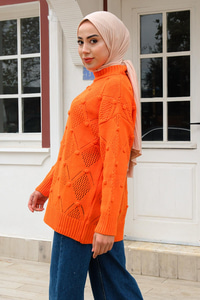 Baklava Desenli Triko Kazak Turuncu