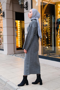 Balıkçı Yaka Simli  Triko Elbise Gri