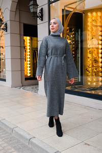 Balıkçı Yaka Simli  Triko Elbise Gri