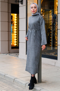 Balıkçı Yaka Simli  Triko Elbise Gri