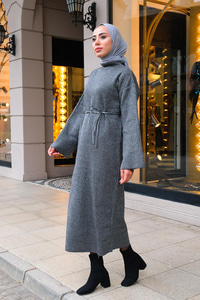 Balıkçı Yaka Simli  Triko Elbise Gri