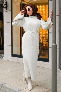 Balıkçı Yaka Simli  Triko Elbise Krem