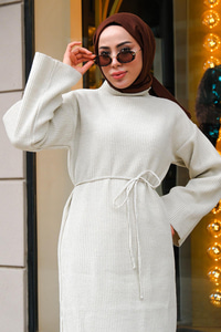 Balıkçı Yaka Simli  Triko Elbise Krem