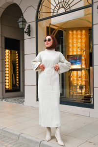 Balıkçı Yaka Simli  Triko Elbise Krem