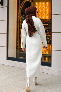 Balıkçı Yaka Simli  Triko Elbise Krem