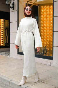 Balıkçı Yaka Simli  Triko Elbise Krem