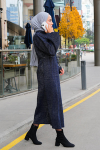 Balıkçı Yaka Simli  Triko Elbise Lacivert