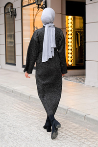 Balıkçı Yaka Simli  Triko Elbise Siyah