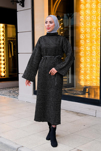 Balıkçı Yaka Simli  Triko Elbise Siyah