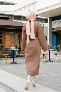 Balıkçı Yaka Simli  Triko Elbise Vizon