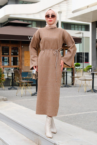 Balıkçı Yaka Simli  Triko Elbise Vizon