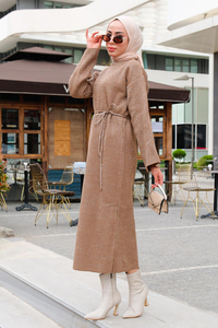 Balıkçı Yaka Simli  Triko Elbise Vizon