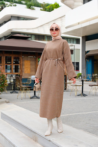 Balıkçı Yaka Simli  Triko Elbise Vizon