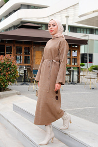 Balıkçı Yaka Simli  Triko Elbise Vizon