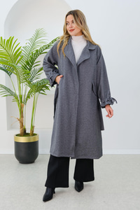 Balıksırtı Desen Büzgü Kol Kruvaze Kaban Gri