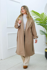 Balıksırtı Desen Büzgü Kol Kruvaze Kaban Vizon