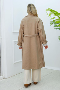 Balıksırtı Desen Büzgü Kol Kruvaze Kaban Vizon