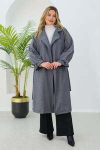 Balıksırtı Desen Büzgü Kol Kruvaze Kaban Gri