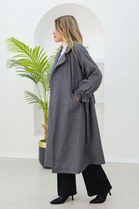 Balıksırtı Desen Büzgü Kol Kruvaze Kaban Gri