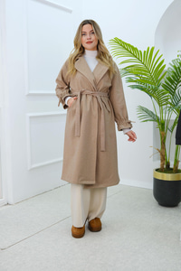 Balıksırtı Desen Büzgü Kol Kruvaze Kaban Vizon