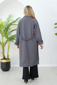 Balıksırtı Desen Büzgü Kol Kruvaze Kaban Gri