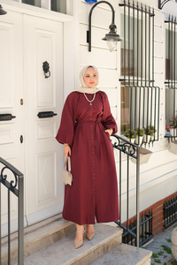 Balon Kol Bel Bağlamalı Elbise Bordo