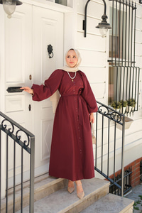 Balon Kol Bel Bağlamalı Elbise Bordo