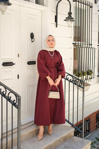 Balon Kol Bel Bağlamalı Elbise Bordo