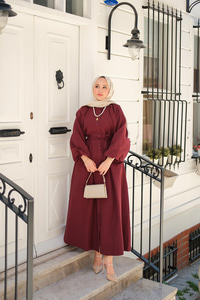 Balon Kol Bel Bağlamalı Elbise Bordo