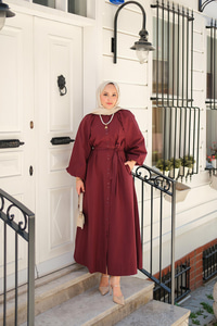 Balon Kol Bel Bağlamalı Elbise Bordo