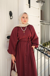 Balon Kol Bel Bağlamalı Elbise Bordo