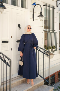 Balon Kol Bel Bağlamalı Elbise Lacivert