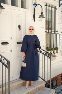 Balon Kol Bel Bağlamalı Elbise Lacivert