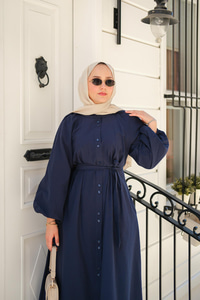 Balon Kol Bel Bağlamalı Elbise Lacivert