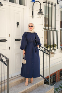 Balon Kol Bel Bağlamalı Elbise Lacivert