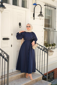 Balon Kol Bel Bağlamalı Elbise Lacivert