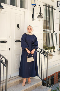 Balon Kol Bel Bağlamalı Elbise Lacivert