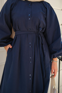 Balon Kol Bel Bağlamalı Elbise Lacivert