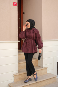 Balon Kol Bel Bağlamalı Gömlek Bordo