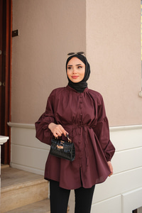 Balon Kol Bel Bağlamalı Gömlek Bordo