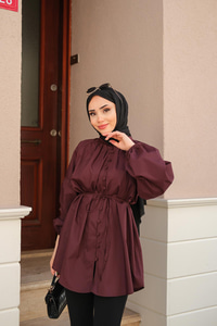 Balon Kol Bel Bağlamalı Gömlek Bordo