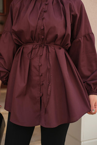 Balon Kol Bel Bağlamalı Gömlek Bordo