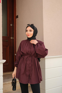 Balon Kol Bel Bağlamalı Gömlek Bordo