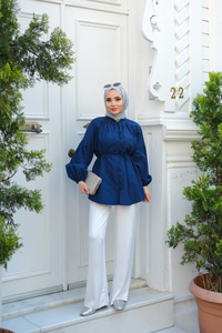 Balon Kol Bel Bağlamalı Gömlek Lacivert