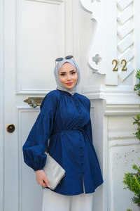 Balon Kol Bel Bağlamalı Gömlek Lacivert