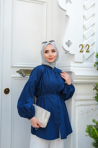 Balon Kol Bel Bağlamalı Gömlek Lacivert